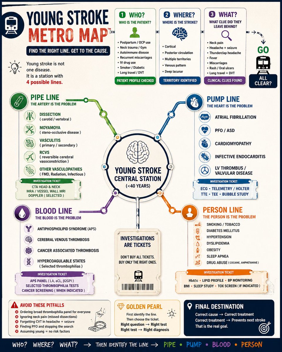 SikandarAdwani's tweet photo. A 35-year-old with stroke enters your ER.

Most doctors start ordering tests.

The best young-stroke clinicians start identifying the line.

Think of every young stroke as a Metro Map.

First ask only 3 questions:

WHO?
WHERE?
WHAT?

👤 WHO is the patient?
Postpartum?
Autoimmune disease?
Recurrent miscarriages?
Neck trauma?
IV drug use?
Smoker with diabetes?

🧠 WHERE is the infarct?

Cortical → think embolism
Posterior circulation → think dissection
Multiple territories → think cardioembolism, vasculitis, hypercoagulability
Venous pattern → think CVT
Deep lacune → think premature vascular disease

🔍 WHAT clue did the patient leave behind?

Neck pain → Dissection

Headache + seizure → CVT

Thunderclap headache → RCVS

Fever → Endocarditis

Miscarriages → APS

DVT → PFO pathway

Then identify the correct line:

🟢 PIPE
The artery is the problem

🔵 PUMP
The heart is the problem

🟣 BLOOD
The blood is the problem

🟠 PERSON
The risk factors are the problem

Only then choose investigations.

CTA belongs to PIPE.

TEE belongs to PUMP.

APS testing belongs to BLOOD.
HbA1c and lipids belong to PERSON.

The biggest mistake in young stroke is not missing a rare diagnosis.
It is ordering every test before identifying the most likely mechanism.

Right question → Right test
Right test → Right diagnosis

Right diagnosis → Right prevention
That is how you stop the next stroke.

#Stroke
#YoungStroke
#StrokeNeurology
#VascularNeurology
#NeuroTwitter
#MedTwitter
#FOAMed
#Neurology
#StrokeEducation
#NeuroEducation