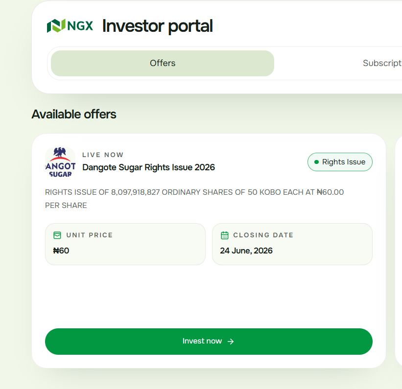 ProfitableMan1's tweet photo. How to buy the Dangote Sugar Rights Issue directly from the NGX website. Step by step.

Go to https://t.co/mrhOP1hUCn. This is the official NGX Invest portal.

SETTING UP YOUR ACCOUNT:

1. Click Create Account. Enter your full name, email, phone number and password. Use the exact name that matches your BVN.

2. Enter your BVN and upload a valid ID. National ID, passport, voters card or drivers licence all work.

3. Enter your CHN. This links your CSCS shareholding record to your NGX Invest account. If you do not know your CHN contact your broker or CSCS with your BVN.

4. Verify your email and phone number with the codes sent to you. Your account is now live.

SUBSCRIBING TO THE RIGHTS ISSUE:

5. Log in and go to your Dashboard. Click the Dangote Sugar Rights Issue 2026 offer card.

6. Enter your CHN or RIN. The platform will automatically retrieve your entitlement based on what you held on April 20, 2026.

7. Select your commission receiver. Meristem Stockbrokers, Stanbic IBTC Stockbrokers or Vetiva Securities.

8. Enter the number of units you want. You cannot go above your entitlement.

9. Accept the terms and click Buy Now.

10. Complete payment by bank transfer or card. Save your confirmation receipt immediately.

Deadline is June 24, 2026.

If your entitlement shows zero on Step 6 you did not hold DANGSUGAR shares on April 20 and cannot participate through this route.

RT this for every DANGSUGAR shareholder who does not know this portal exists.