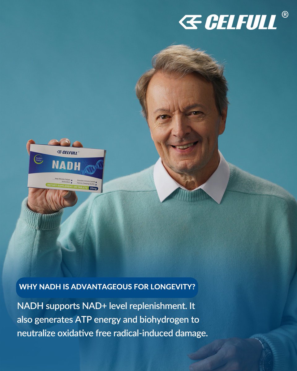 real_CELFULL's tweet photo. NADH efficiently boosts cellular NAD+ reserves. It produces ATP for vital energy supply and releases biohydrogen to neutralize free radicals, effectively relieving oxidative stress and slowing down aging processes. #CELFULL #NAD #NADH #longevity https://t.co/sd6riAPKDX