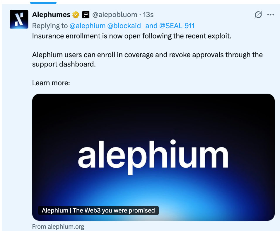 BigPepGhost's tweet photo. The lows people will sink to.

Please be aware that fake pages such as this are doing the rounds, trying to capitalise on our situation.

Be VERY alert. Double-check EVERYTHING.

@alephium is the only account for official comms regarding the bridge exploit. https://t.co/eMhbeM0k0u
