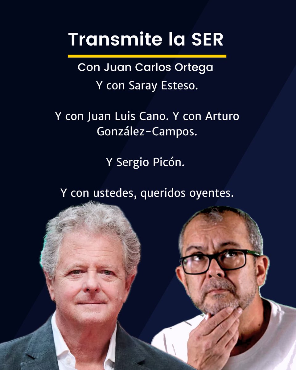 TransmiteLaSER's tweet photo. 📻Los sonidos inconfundibles de @juanluiscano 
🚀@ArturoGCampos y sus Coplas
📲En la app de @La_SER y en @SERPodcast https://t.co/VB36x36mkl