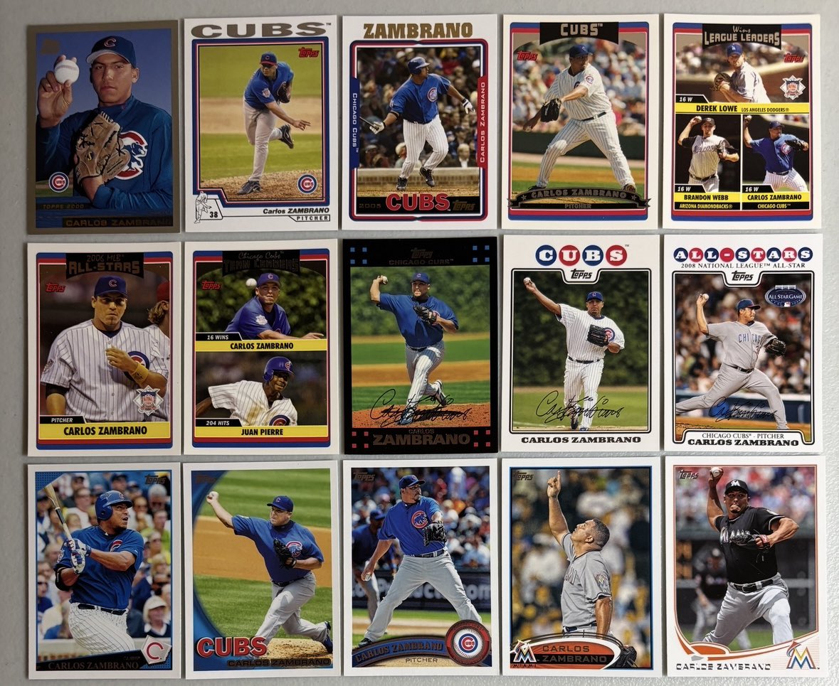 BaseCardsRule's tweet photo. Happy 45th birthday Carlos Zambrano. The 3 time All Star led the NL in wins in 2006 &amp; threw a no-hitter 8/14/08. He was one of the best hitting pitchers with 24 HR (tied 7th all time) &amp; 71 RBI. He won 3 Silver Slugger awards. Here is a complete run of his Topps base cards. https://t.co/WgcXvXtUqB