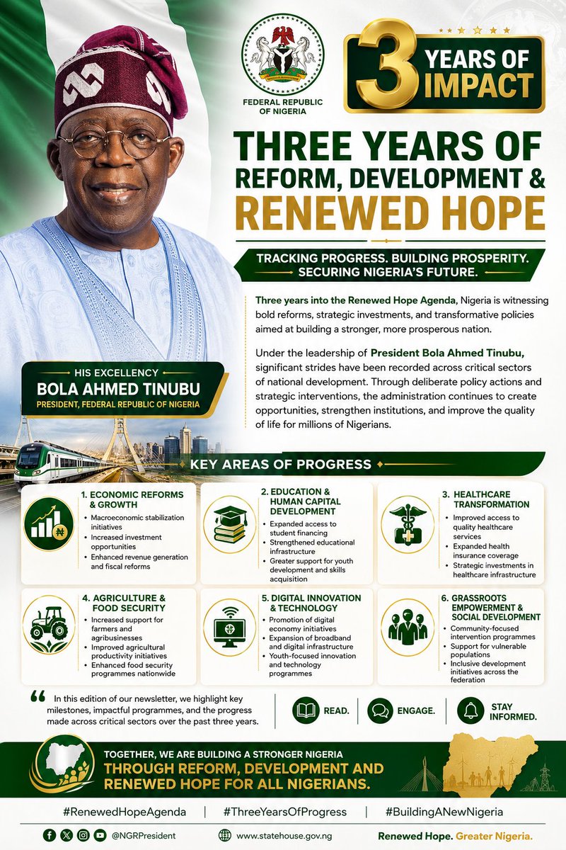 LapjiP's tweet photo. &amp; grassroots empowerment, the Tinubu administration continues to lay the foundation for sustainable growth &amp; national renewal.

In this edition of our newsletter, we highlight key milestones, impactful programmes, &amp; the progress made across critical sectors over the past 3 years. https://t.co/1VPjlYxaYl