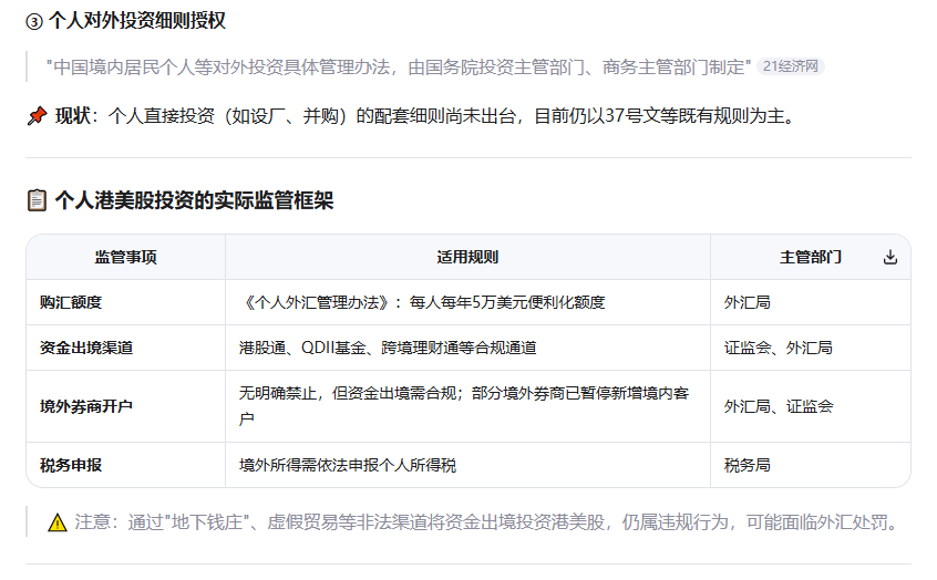 fan_crossborder's tweet photo. 《国务院关于对外投资的规定》是否适用于个人港美股投资？Qwen回答
✅ 核心结论：不直接适用
个人通过境内券商/境外券商直接购买港美股等证券投资，不属于该规定定义的"对外投资"范畴，因此不适用该行政法规的直接管理。
1、纯证券投资：继续通过港股通、QDII等合规渠道参与，关注个人外汇额度使用
2、涉及股权控制/返程投资：仍需办理37号文登记，并关注新规后续配套细则
3、资金合规：避免通过非正规渠道出境资金，保留投资凭证以备税务申报
4、动态跟踪：2026年7月1日新规施行后，留意商务部、外汇局关于"个人对外投资具体管理办法"的出台