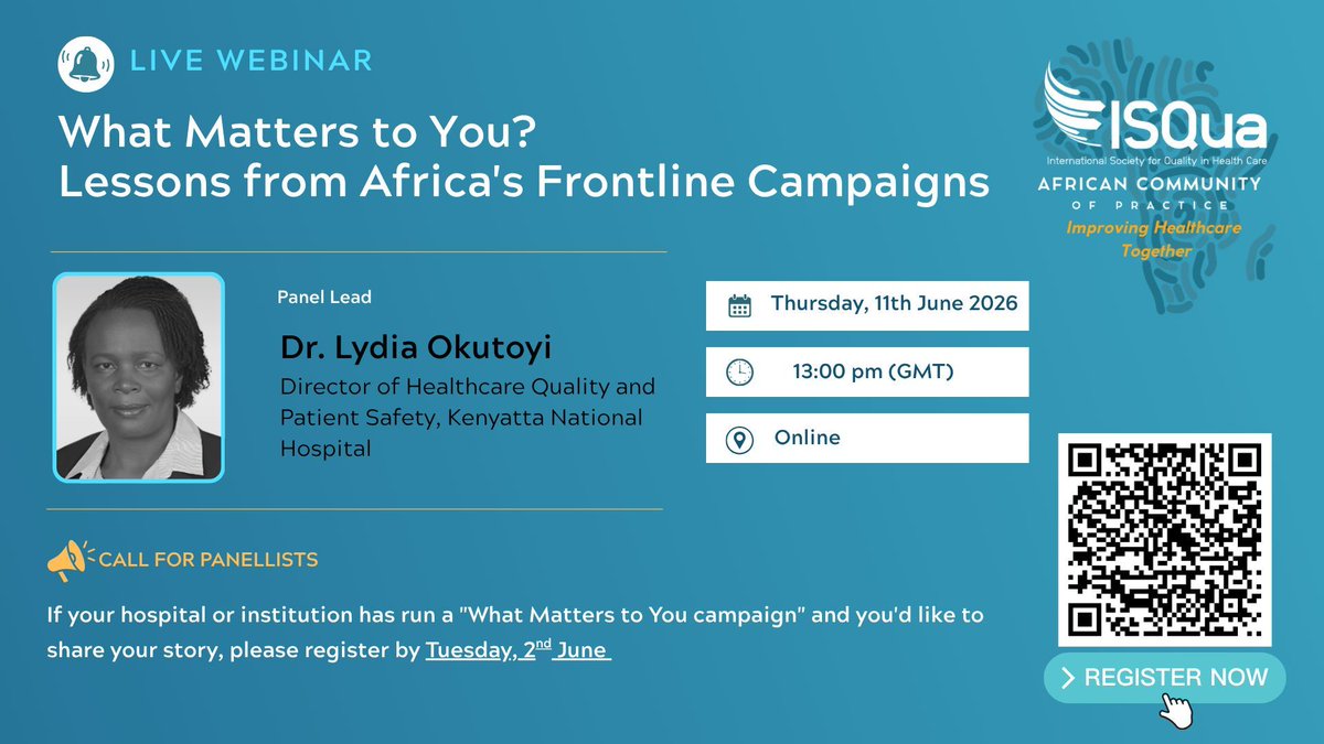 ISQua's tweet photo. AFCOP-ISQua webinar returns: panel “What Matters to You? Lessons from Africa’s Frontline Campaigns”, led by Dr Lydia Okutoyi (OGW), with African healthcare institutions sharing WMtY experiences.

Run WMtY? Join the panel—register by Tue 2 June: https://t.co/86EFdm6oFI https://t.co/uP5VgURPp9