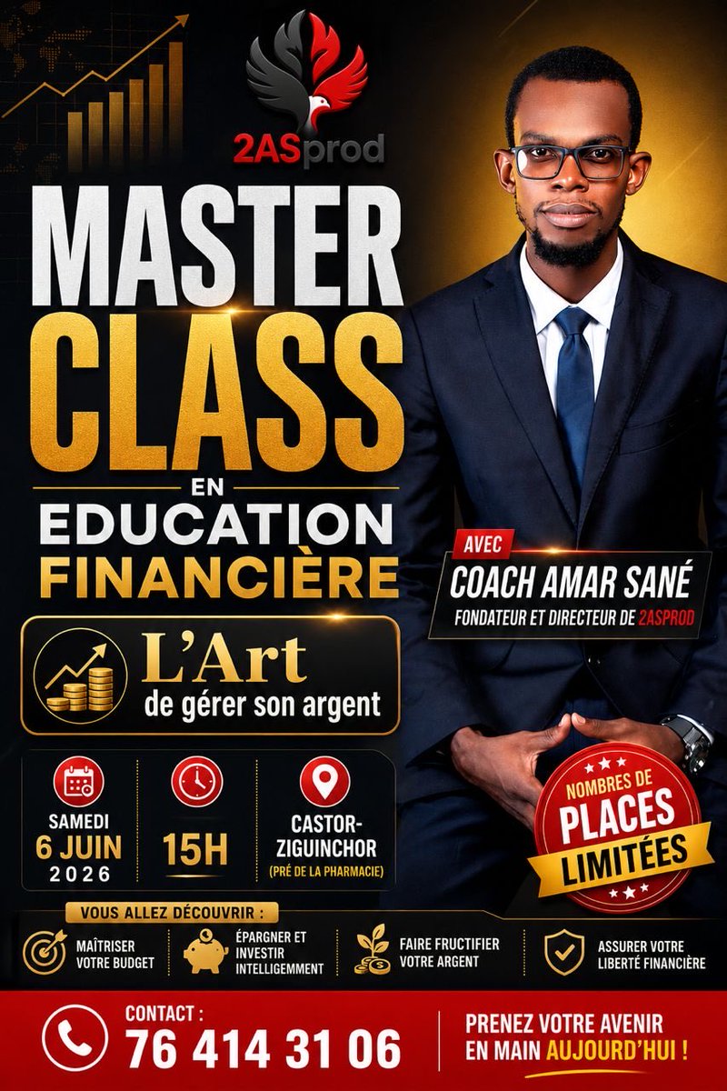 InstitutASprod's tweet photo. 💰 *Étudiant, salarié, entrepreneur 🤧*_*Votre revenu ne suffit pas, il faut savoir le gérer._*

🎓 Master Class : L’Art de gérer son argent
📅 Samedi 6 juin | 15h
📍 Castor – Ziguinchor
📞 +221 76 414 31 06 https://t.co/uah6KCz6Aj