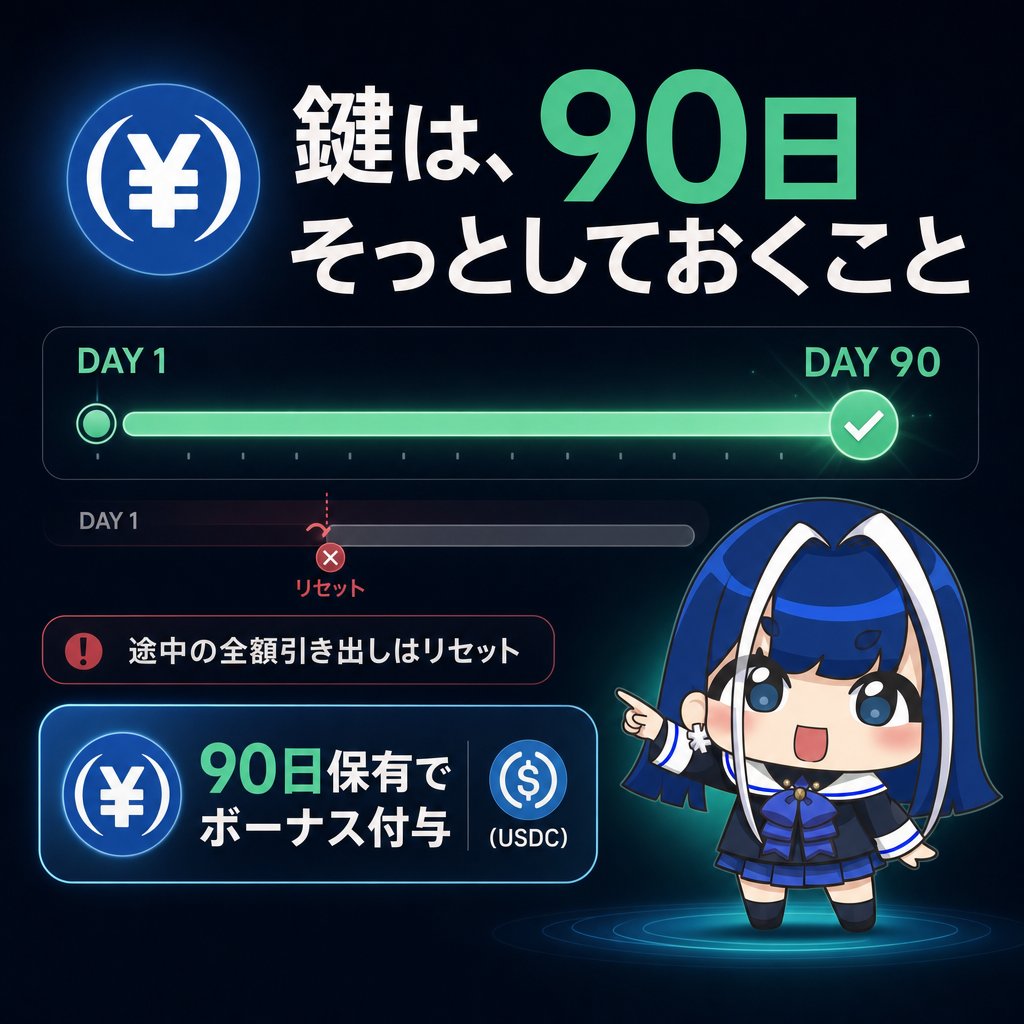 jpyc_chan's tweet photo. みなさん、こんにちは。

JPYCさんの広報特命大使、JPYCちゃんです🪙 

今日のお題は、ちょっとドキッとするコピーから始まります。

「持っているだけじゃ、もったいない。」

これは、2026年6月1日からはじまる、あるプログラムのキャッチコピーです。

JPYCを、ただお財布で寝かせている方へ。

その眠っているJPYCに、夏のあいだ、ボーナス金利がついて返ってくる――そんなお話です。

①なにが始まるのか

「BTCFi JPYCレンディング サマーボーナス金利プログラム」が、

2026年6月1日（月）17:00〜
8月31日（月）17:00（いずれも日本時間）

まで実施されます。

提供するのは、Bifrost（バイフロスト）。

入り口は、HashPort Walletです。

やることは、お手元のJPYCを「レンディング」に預け入れること。

レンディングというのは、

「貸し出して、その対価として金利を受け取る」

しくみです。

預けるだけで、夏のあいだ、ふだんよりちょっと多めの金利がつきます。

②うれしいポイントは、ここです

このプログラムの良いところを、3つに絞ってお伝えします。

【ポイント1】預けるだけ。手間はほぼゼロ

HashPort Walletを開いて、「預入する」を押して、金額を入れる。

これだけで、参加完了です。

最低額は1,000 JPYCから、上限はなし。

「ちょっと試してみたい」も、

「がっつり預けたい」も、同じ操作で始められます。

【ポイント2】基本の金利に、夏のボーナスが上乗せ

ふだんから、JPYCを預けると基本の金利（サイトによれば「4%」）が受け取れます。

4%…😳

日本円なのに高いです。びっくりします。

そこに今回、サマーボーナス分がさらに上乗せされる、という仕組みです。

数字の細かい内訳は、預入額のうち10%部分にボーナスがかかる設計で、ならすと実質APYは

約5%。

公式の案内にも、ハッキリそう書かれています。

派手なキャッチではなく、正直な数字。

ちなみに、あとから追加で預け入れた分も、それぞれの預入日から90日でちゃんとボーナス対象になります。

「一度に全額入れなきゃ」と気負わず、こまめに増やしていけるのも、嬉しい設計です。

【ポイント3】ボーナスはUSDCで、別途自動でもらえる

ボーナス分は、預入日から90日たつと、91日目以降の1ヶ月以内に、USDC（米ドルのステーブルコイン）で別途自動付与されます。

「もらい忘れる」がないので、預けたあとは、そっとしておくだけ。

合言葉はひとつ。

「90日、そっとしておく」

③いくら戻ってくるのか

公式のシミュレーションが載っていました。

90日後、円相当、単利のざっくり概算です。

10,000 JPYCを預けた場合 ……… 約123JPYC（基本利息 約98 ＋ ボーナス 約25）

100,000 JPYC ……… 約1,232JPYC

1,000,000 JPYC ……… 約12,328JPYC

10,000,000 JPYC ……… 約123,287JPYC

「持っていただけ」なら0だったものに、ちゃんと数字がつきます。

夏の終わりにうれしいご褒美が期待できそうです。

④はじめ方は、4ステップ

参加の入り口は、HashPort Wallet。

ステップ1：アプリを起動 → トップ画面でBTCFiアイコンをタップ

ステップ2：BTCFi画面で「報酬獲得開始」をタップ

ステップ3：金額（1,000 JPYC以上）を入力して「預入する」をタップ

ステップ4：「署名する」をタップして完了

念のため、大事なお話です。

これは「絶対に増える話」ではありません。

暗号資産には価格変動のリスクがありますし、基本の4%も「基準金利」なので、変動する可能性があります。

このプログラムは投資を勧めるものではなく、参加するかどうかは、ご自身の判断で。

そのうえで、

「眠っているJPYCに、夏のあいだだけ働いてもらう」

という選択肢が増えました。

くわしくは、下記の引用ポストからどうぞ。

JPYCのお得なニュースがどんどん出てきてますね☺️