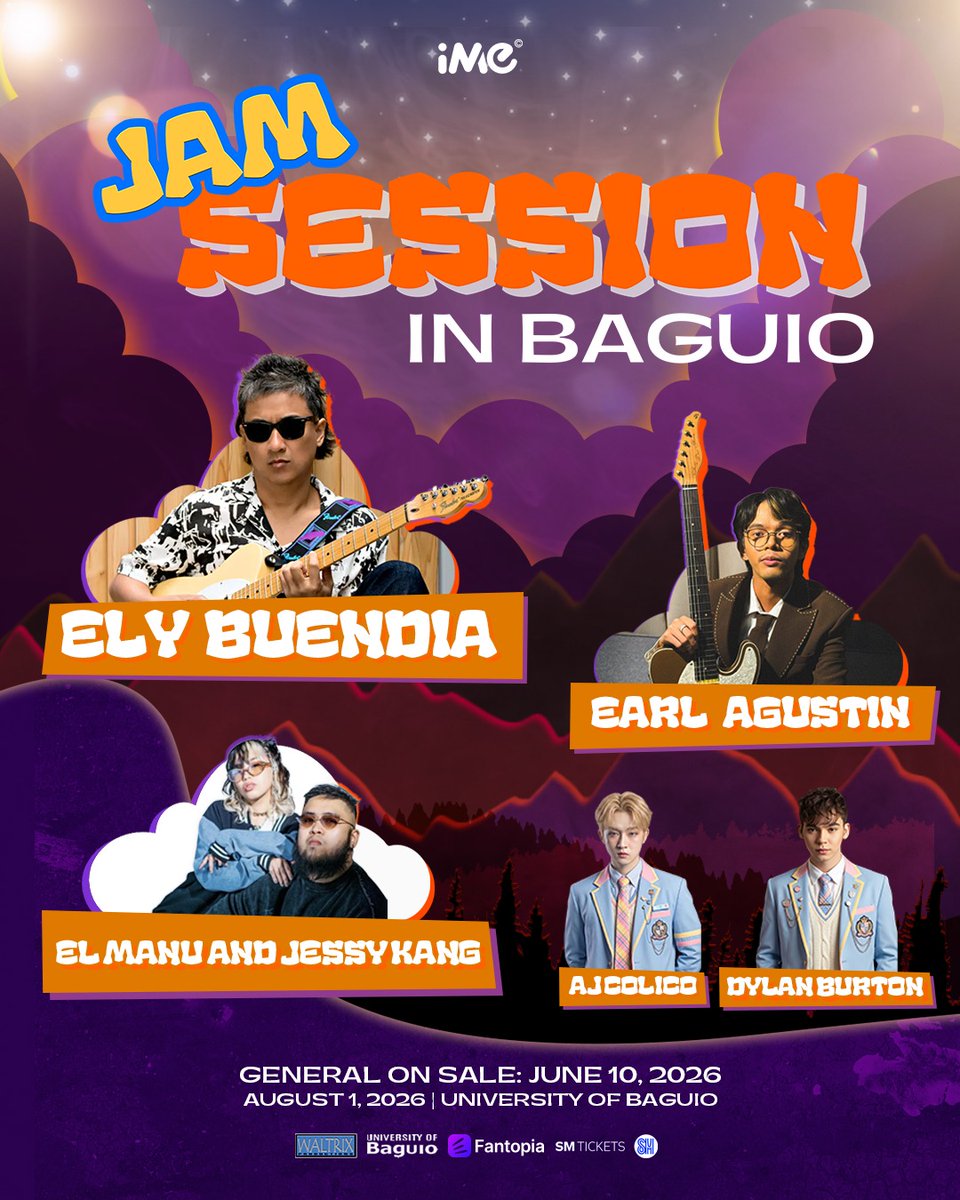 ImePhilippines's tweet photo. 🎶🏔️ 𝗜𝗧'𝗦 𝗢𝗙𝗙𝗜𝗖𝗜𝗔𝗟! 🏔️🎶

Mga ka-jam, handa na ba kayong maranasan ang pinaka-chill at pinaka-solid na jam session sa Summer Capital of the Philippines? 👀✨

This 𝗔𝘂𝗴𝘂𝘀𝘁 𝟭, 𝟮𝟬𝟮𝟲, tara na sa 𝗕𝗮𝗴𝘂𝗶𝗼 𝗖𝗶𝘁𝘆 para sa isang gabing puno ng 𝗺𝘂𝘀𝗶𝗰, 𝗴𝗼𝗼𝗱 𝘃𝗶𝗯𝗲𝘀, 𝗸𝘄𝗲𝗻𝘁𝘂𝗵𝗮𝗻, at 𝘂𝗻𝗳𝗼𝗿𝗴𝗲𝘁𝘁𝗮𝗯𝗹𝗲 𝗺𝗲𝗺𝗼𝗿𝗶𝗲𝘀 kasama ang kapwa music lovers! 🎤🎸✨

Malamig na simoy ng hangin, Live music at jamming, New friends at solid connections

📍 𝗝𝗔𝗠 𝗦𝗘𝗦𝗦𝗜𝗢𝗡 𝗜𝗡 𝗕𝗔𝗚𝗨𝗜𝗢 𝗖𝗜𝗧𝗬
🏫 𝗨𝗻𝗶𝘃𝗲𝗿𝘀𝗶𝘁𝘆 𝗼𝗳 𝗕𝗮𝗴𝘂𝗶𝗼 
📅 𝗔𝘂𝗴𝘂𝘀𝘁 𝟭, 𝟮𝟬𝟮𝟲

🎟️ 𝗚𝗘𝗡𝗘𝗥𝗔𝗟 𝗢𝗡 𝗦𝗔𝗟𝗘: 𝗝𝘂𝗻𝗲 𝟭𝟬, 𝟮𝟬𝟮𝟲

𝗕𝗮𝗴𝘂𝗶𝗼, 𝗮𝗿𝗲 𝘆𝗼𝘂 𝗿𝗲𝗮𝗱𝘆? 🔥

Tag your tropa, plan your road trip, at sabay-sabay nating i-countdown ang pinaka-inaabangang 𝗷𝗮𝗺 𝘀𝗲𝘀𝘀𝗶𝗼𝗻 ng taon! 🚀🎶

#JamSession2026 #BaguioCity #UniversityOfBaguio #OfficialPoster #MusicLovers #LiveMusic #August2026 #GeneralOnSale #TaraNaMagJam #iMePh #iMePhilippines #iMePHLive
