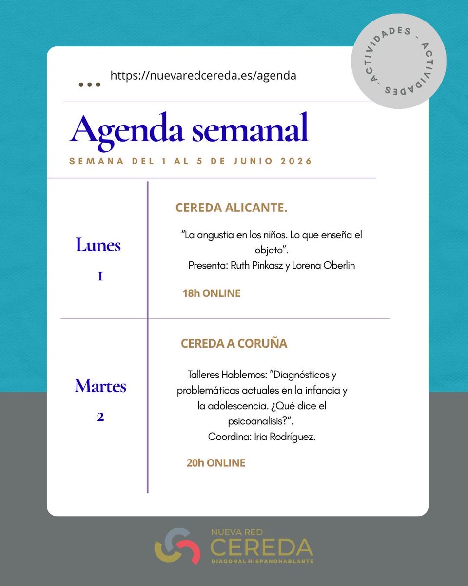 NRCereda's tweet photo. 📍Nuestra Agenda Semanal:
Semana del 1/6 al 7/6.

📍 Más información en:
https://t.co/e4BjCAeaX1
dhh@nuevaredcereda.es https://t.co/rf9BGu20si