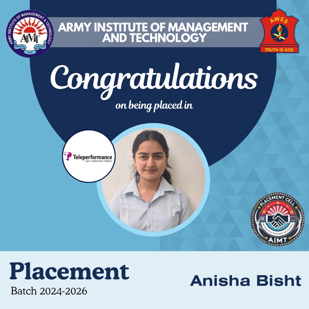 aimtgnoida's tweet photo. We are delighted to share that our student, Anisha Bisht has successfully secured a placement with TP ! 🏆💼

This achievement fills us with immense pride as it reflects hard work, dedication, and perseverance. 🌟 https://t.co/RUrV2q8WaM