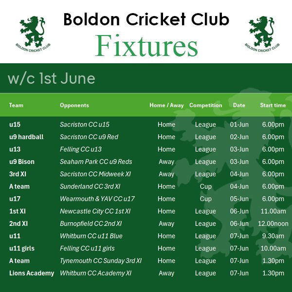 BoldonCC's tweet photo. We're into June (where did that go to?!!) 🌪... and another packed @BoldonCC week of fixtures. Enjoy, and hope to see you down supporting our many teams. 🦁🏏 https://t.co/PjvwTVbIdx