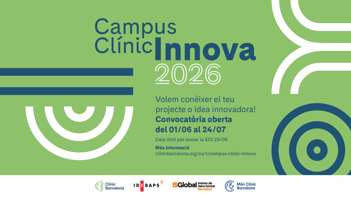 hospitalclinic's tweet photo. 🚀 Convocatòria Oberta pel Campus Clínic Innova 2026!

📅 De l’1 de juny al 24 de juliol de 2026 les persones participants podran presentar el seu projecte o idea innovadora per qualsevol dels dos programes del Campus Clínic Innova 2026: Millorem el Clínic i Idees Cap a Mercat.

🏥Aquesta iniciativa forma part del compromís del Campus Clínic per situar la #Innovació com a eix transformador de l'assistència i la recerca biomèdica i està impulsada pel Clínic, l'@idibaps, l'@ISGLOBALorg i la fundació Món Clínic.

➕ Troba tota la informació aquí: https://t.co/K4zmnZdDYZ