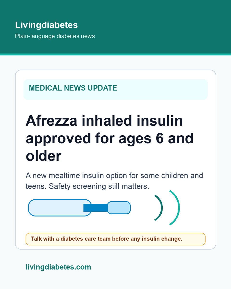 diabetesbasic's tweet photo. Afrezza inhaled mealtime insulin: reported FDA approval now includes children and teens ages 6+. Families should review lung safety and basal insulin needs with the diabetes team. https://t.co/5DsgWrVniG #Diabetes #T1D https://t.co/lP7UGqIsms