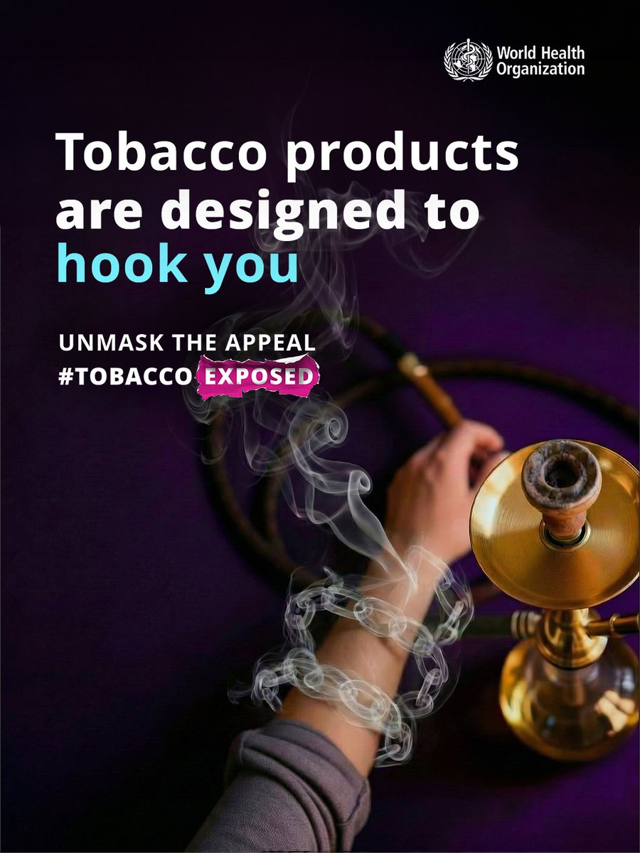 WHOLebanon's tweet photo. Today is #WorldNoTobaccoDay 🚭 

Tobacco and nicotine companies deliberately design their products to hook you.  Sugars, flavours, and cooling agents all mask the harshness of nicotine so you inhale more and get dependent faster.  

#TobaccoExposed #HealthForAll https://t.co/tC8WaG79Cy
