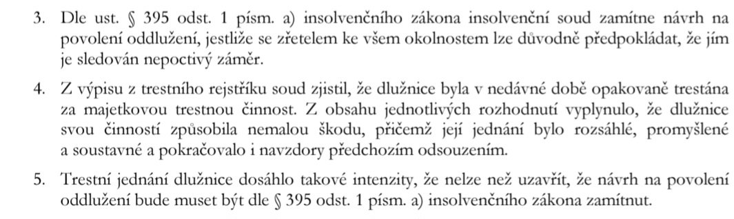 LIGHTHOUSE_ACDM's tweet photo. Když si vyšší soudní úřednice hraje na trestní soudkyni a nepoctivý záměr dovozuje z četnosti a rozsahu trestné činnosti, za kterou ale byla dlužnice již potrestána odnětím svobody. 
Navíc o tom rozhodne až po zaplacení 50.000 Kč. Pro ní lepší, protože nemusí odůvodňovat nepoctivý záměr, dlužnice logicky 50.000 nemá, neuvedla je v seznamu majetku. Pro dlužníci lepší v tom, že nebude mít nepoctivý záměr a může si podat třeba za pár měsíců k méně průbojné asistentce. 
A kdo bude nejvíc trpět? Ten nejméně důležitý v oddlužení. Poškozený věřitel. Nedostane totiž zase nic. Tak se staví stát k obětem a poškozeným trestným činem.