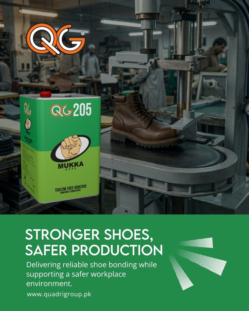 quadrigrouppak's tweet photo. QG 205 Mukka Bond delivers reliable shoe adhesion while supporting a safer and more efficient production environment.

Whatsapp: +92 330 8745745
🌐 Visit: https://t.co/vHmMYCJUBt

#QuadriGroup
#MukkaBond
#ShoeBonding
#FootwearIndustry
#StrongBond https://t.co/c7njPvpX5e