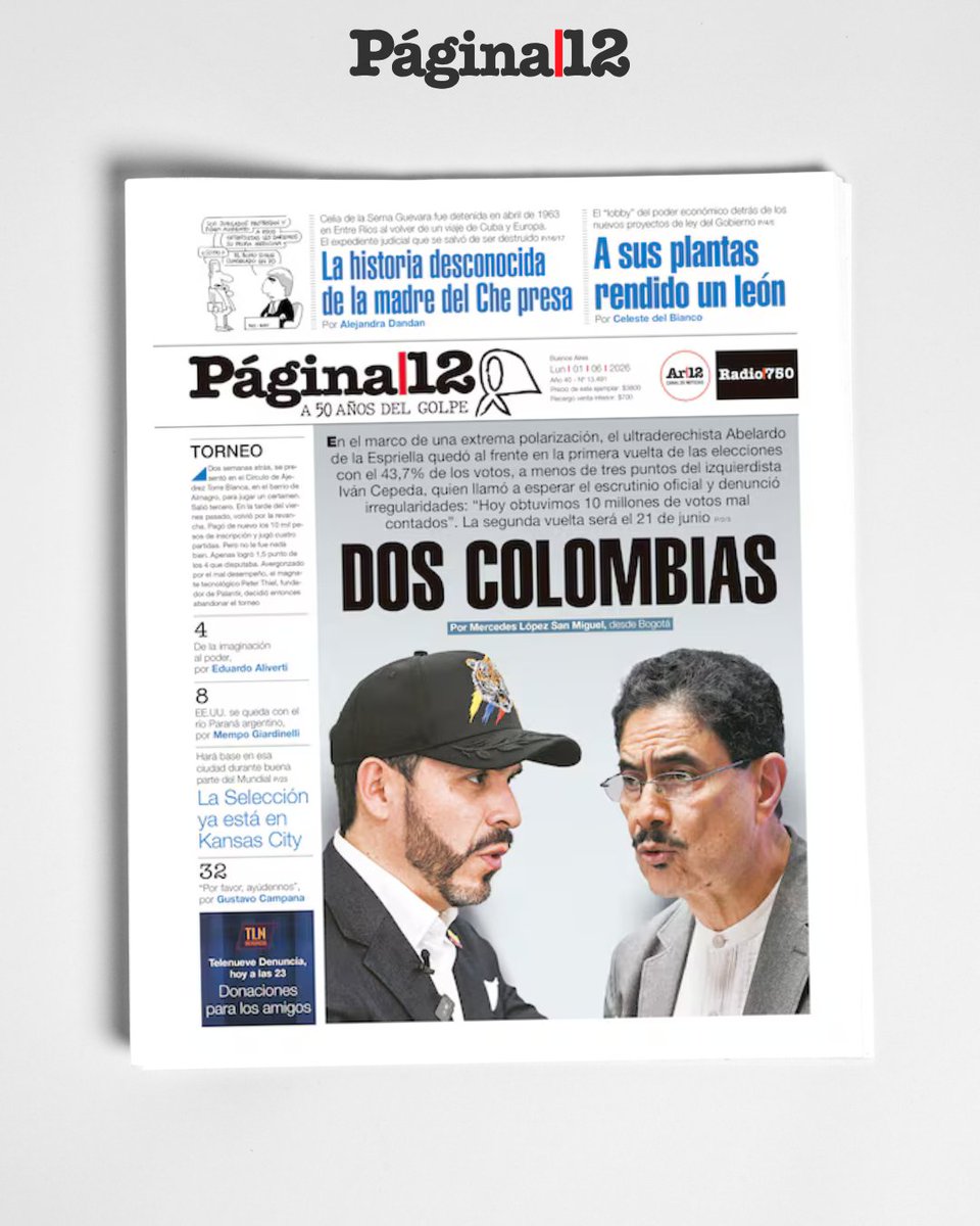 pagina12's tweet photo. DOS COLOMBIAS 

El ultraderechista Abelardo de la Espriella quedó al frente en la primera vuelta de las elecciones con el 43,7%, a menos de tres puntos del izquierdista Iván Cepeda, quien llamó a esperar al escrutinio oficial y denunció irregularidades.
https://t.co/UNN4eCtdIt https://t.co/tm27knzuz7