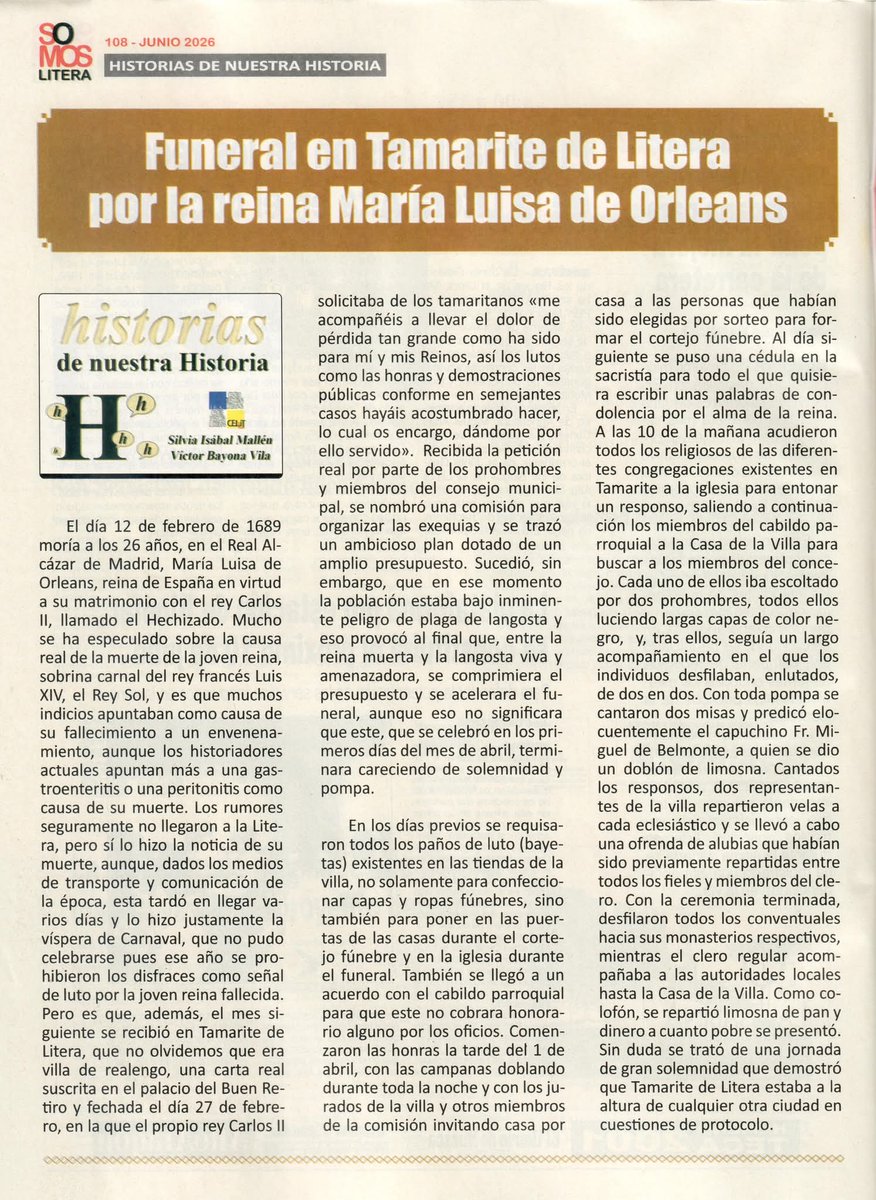 celliterans's tweet photo. Artículo del Cellit de este mes en la revista Somos Litera, recreando los funerales que el rey Carlos II mandó hacer en Tamarite por la muerte de su joven esposa, María Luisa de Orleans. @Somoslitera #historiasdenuestrahistoria #lalitera #tamarite https://t.co/d79JNWnFMb