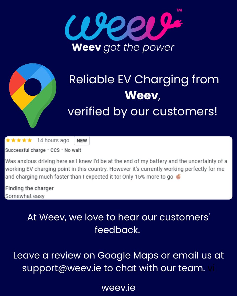 weevcharging's tweet photo. ⚡ Reliable Charging. Real Reviews. Real Drivers.

We're proud to keep EV drivers moving across the island with dependable charging when they need it most.

Used a Weev charger recently? Tell us how we did on Google Maps 📍or email support@weev.ie 

#Weevgotthepower #WeevCares https://t.co/ffqi3D0ehy