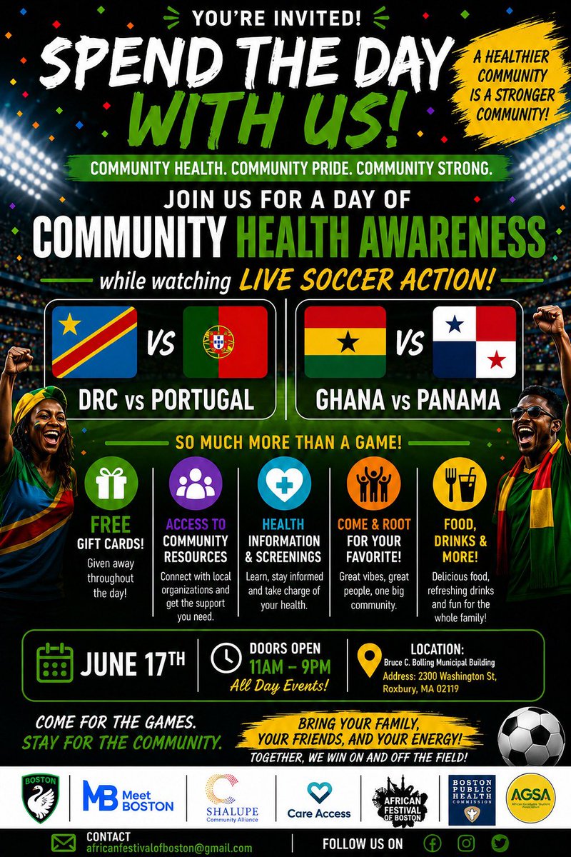 AfriFest_Boston's tweet photo. We are counting down to the community health awareness and Fifa watch party. 

Come with your family and friends. Attendance is free but registration is required. 

There will be food, fun, networking, health checks and so much more. 

https://t.co/NjX9plEMnm https://t.co/lnkBY7S4JL