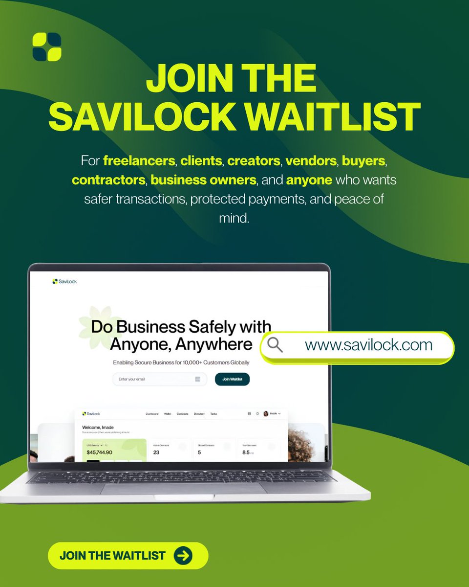 savilockhq's tweet photo. Do business safely with anyone, anywhere.
Join the SaviLock waitlist and get early access to a smarter way to handle payments and transactions.
🚀 Join now: https://t.co/Tc0gIJ8nOl
#SaviLock #SecureTransactions #WaitlistOpen https://t.co/eDCQnR6NhB