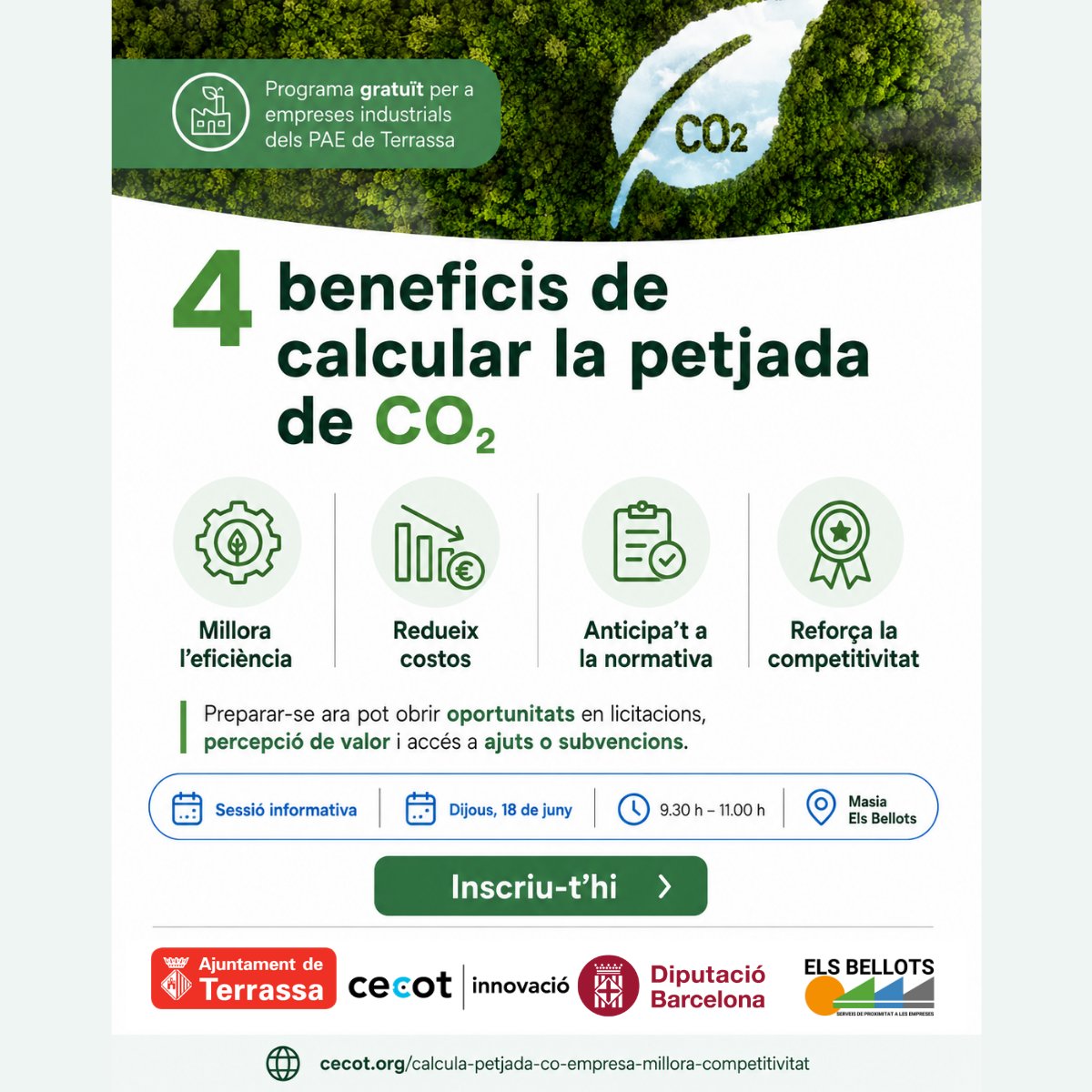 PatronalCecot's tweet photo. Calcular la petjada de CO₂ és una oportunitat per millorar l’eficiència, reduir costos, anticipar-se a la normativa i reforçar la competitivitat.

Inscripcions: https://t.co/2EvZcZXYIB https://t.co/NYkTZlhPBB