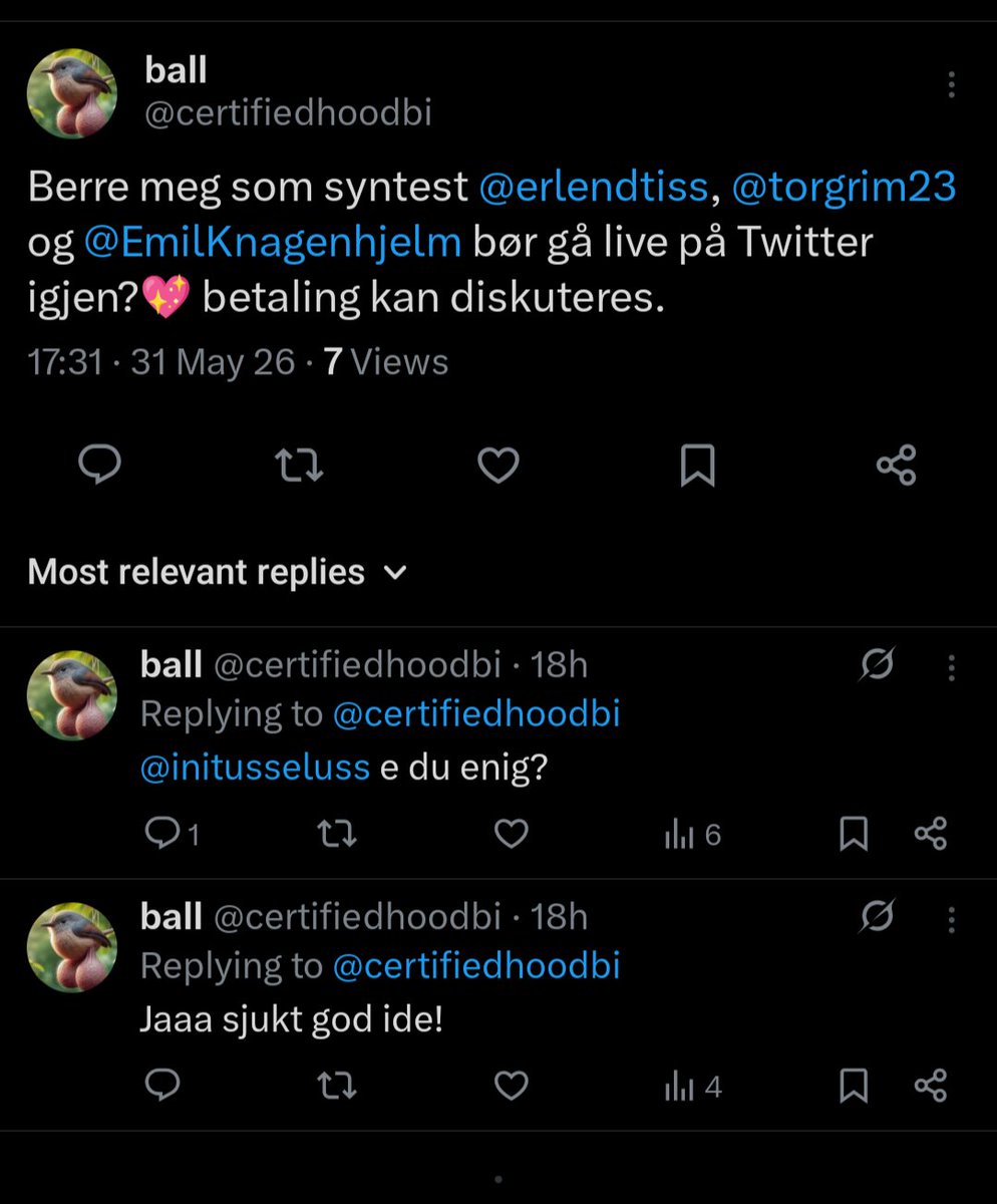 torgrim23's tweet photo. Hei @certifiedhoodbi. Eg skjønar at du vil ha litt aktivitet på Twitter, men du bør unngå å svare deg sjølv. Dette ser ikkje bra ut på utsida. https://t.co/CHggypXKmQ