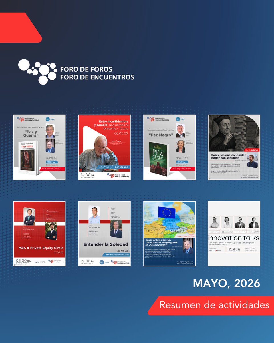 forodeforos's tweet photo. 🌟Resumen de mayo | FORO DE FOROS  

Durante el mes de mayo seguimos impulsando espacios de encuentro, conversación y reflexión en torno a algunos de los grandes temas de nuestro tiempo: Europa, la transformación financiera, la soledad, la incertidumbre y el pensamiento crítico. https://t.co/uw5bNoU3o1