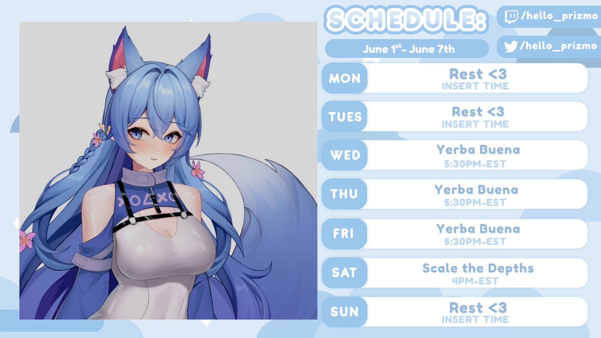 hello_prizmo's tweet photo. 🩵🦊 June 1st~7th stream week 🩵🦊 https://t.co/MzWFIvIBIc