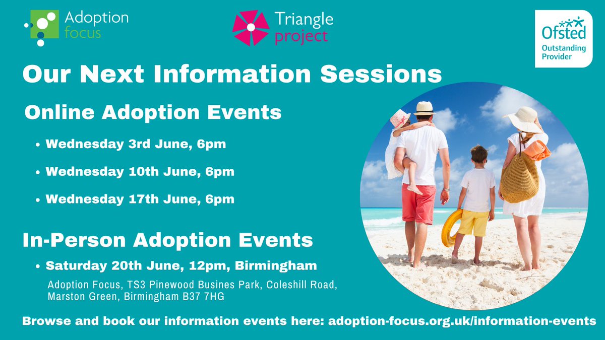 AdoptionFocus's tweet photo. There are lots of opportunities in June to join us - online or in-person - for an adoption information event. Find out about adoption, the process and the support we provide to all of our families. Browse and book your place here. https://t.co/rYu9hv0YTB https://t.co/mIA8jCdXjn