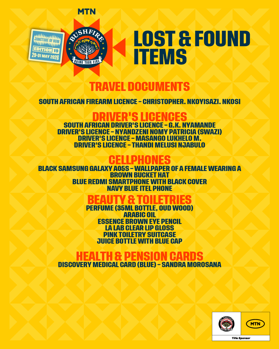 MTNBushfire's tweet photo. Lost something during the festival? We might have it!

If you misplaced an item during the MTN Bushfire festival, it could be waiting for you in our Lost &amp; Found. Take a look at the list below; your belongings might be among them!

#LOSTANDFOUND https://t.co/upabfUumb3