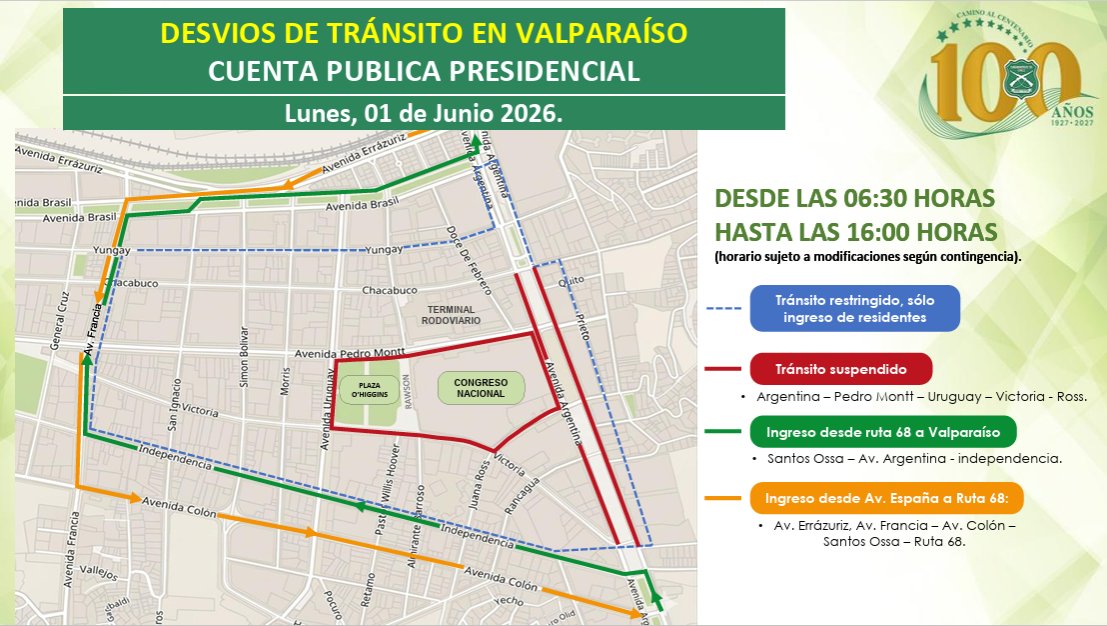 ZonaCarabValpo's tweet photo. 🚨🚨 Atención 🚨🚨
Recuerda que hoy lunes, 01 de junio, se efectuarán cortes y desvíos de tránsito en las cercanías del Congreso Nacional en el marco de la Cuenta Pública Presidencial. ¿Cuáles son? aquí los detalles 👇
#OrdenyPatria https://t.co/OPhbx9OuoE