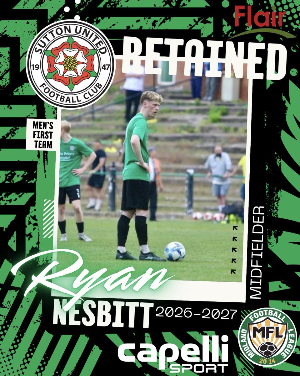 SuttonUtdFC's tweet photo. 𝗥𝗘𝗧𝗔𝗜𝗡𝗘𝗗 | 🔟🟢

Our tenth retained player is confirmed.

Ryan made a huge impact in the second half of the season. From his assist in the play-off final to some absolute worldies at Coleshill Road, his quality was there for all to see.

That left foot is staying Green 👊 https://t.co/mD2cfFWCsG