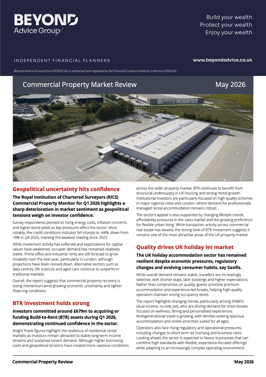 beyondadvicegrp's tweet photo. Our latest monthly Commercial Property Review is out. Download it along with other newsletters here.

https://t.co/NMzzQ2GhXq

If any of the content resonates with you, get in touch for a free review of your circumstances.

#commercialproperty #financialadviser #financebroker https://t.co/gu1Yz2eU5u