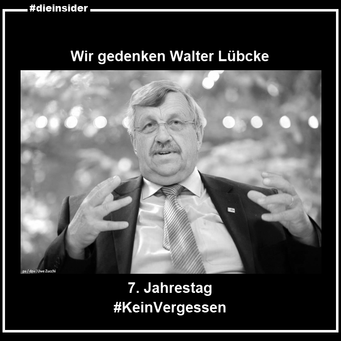 Die_Insider's tweet photo. Vor sieben Jahren, in der Nacht vom 01. auf den 02. Juni 2019, wurde Walter #Lübcke von einem Rechtsextremisten ermordet.

Dieser schreckliche Mord (mutmaßlich ausgelöst durch Kommentare in den sozialen Medien) ist täglicher Ansporn für unsere Arbeit. 

#noAfD #DieInsider https://t.co/m1fQO1FlfN