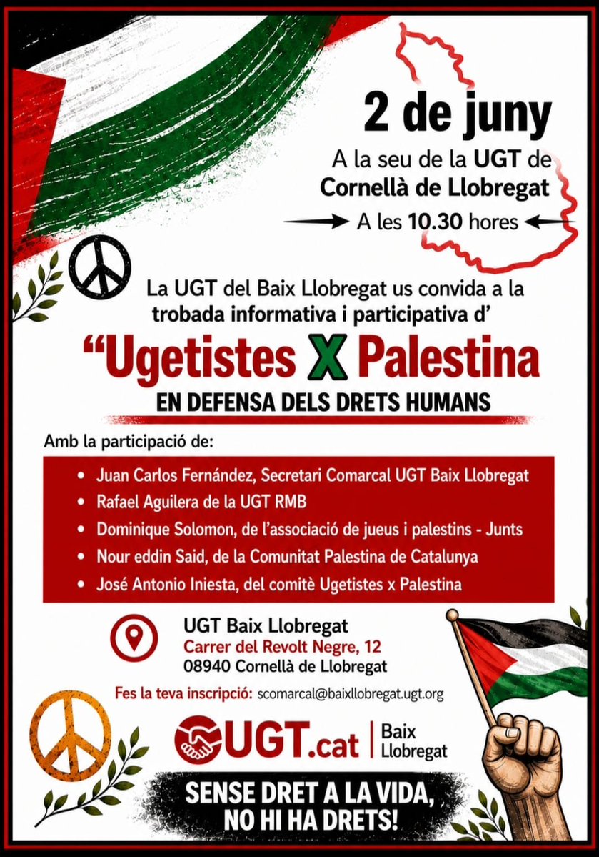 UGTCat_Int's tweet photo. ✊🇵🇸 La @ugtcatalunya i @ugtbaix us conviden a la trobada d'Ugetistes x Palestina" de demà  per parlar del paper del sindicalisme davant les injustícies i les guerres, i reforçar el nostre compromís amb els drets humans, la pau i la solidaritat internacional https://t.co/HGNtojMays