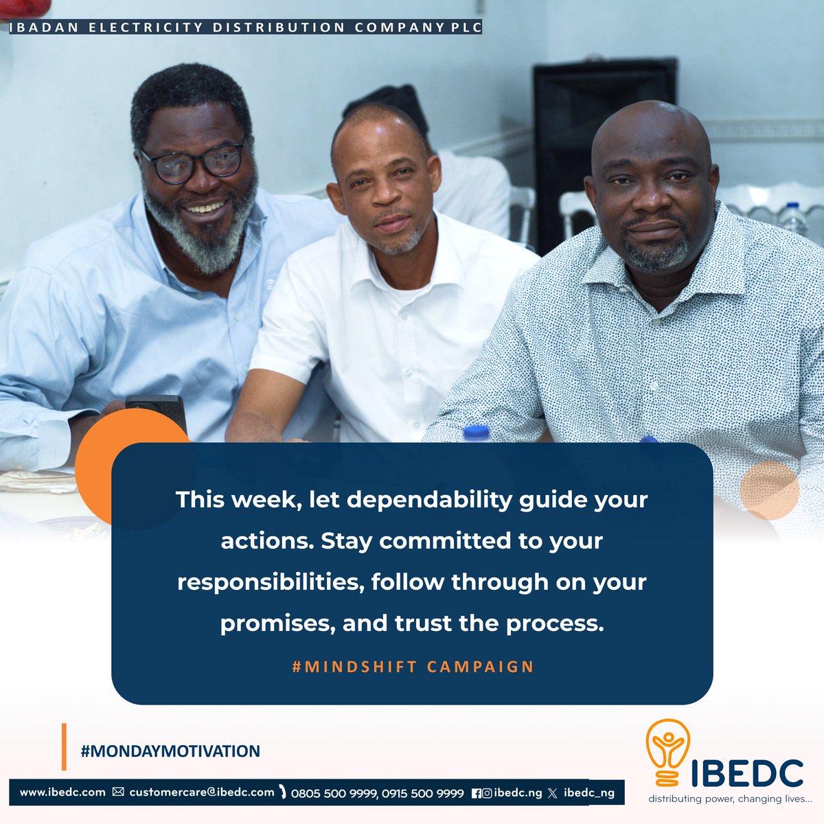 IBEDC_NG's tweet photo. Dependability is doing what needs to be done, consistently and with purpose.

This week, let your actions reflect your commitment. Stay reliable, honour your responsibilities, and follow through on every promise.
#MondayMotivation #MindshiftCampaign #IBEDC #Dependability https://t.co/eA1woQHvo6
