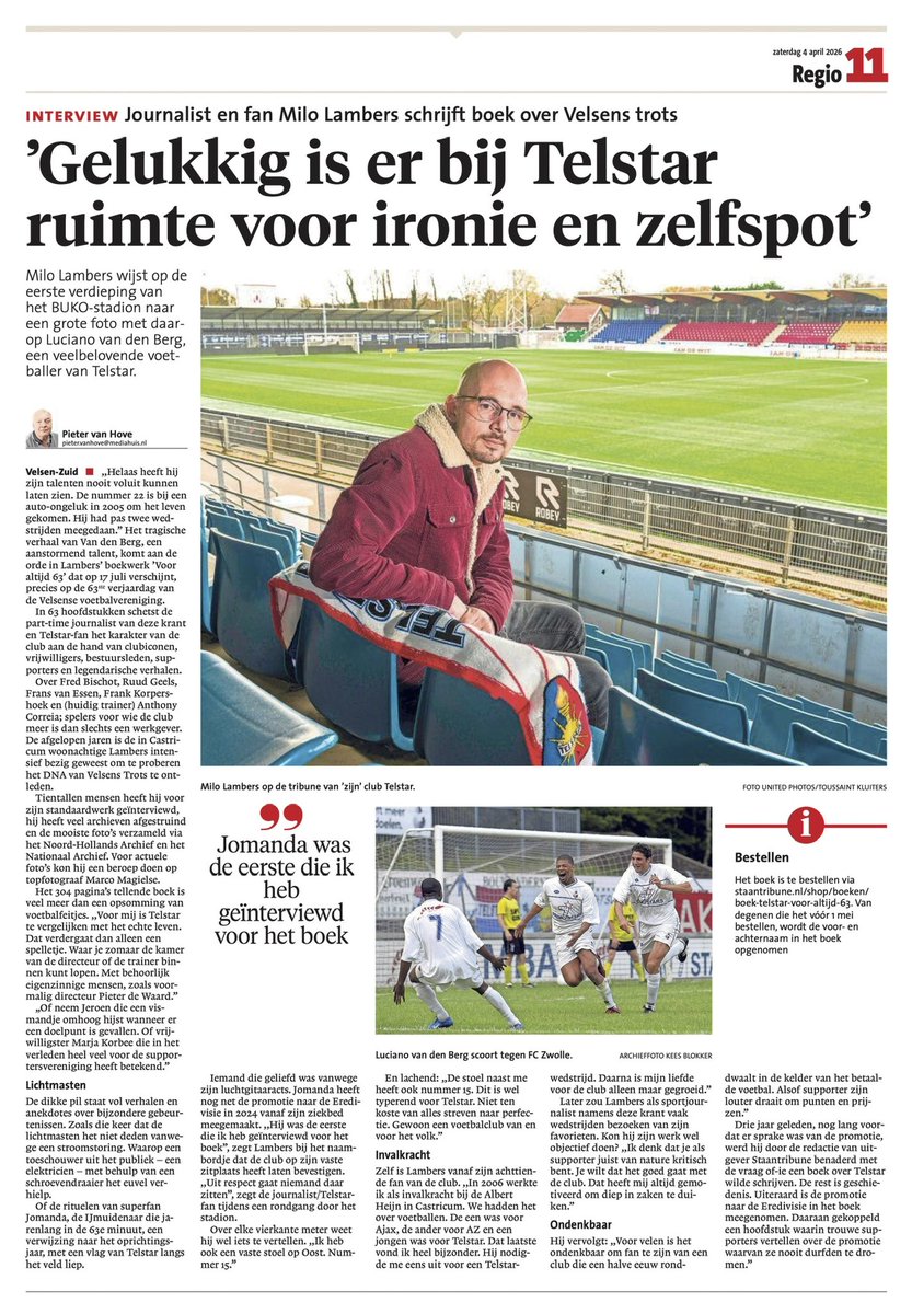 Staantribune's tweet photo. 🚨 HET IS ZOVER‼️

‘Voor altijd 63’, ons boek over Telstar, met 63 verhalen over de Witte Leeuwen, gaat naar de drukker. Alleen vandaag kun je dit boek dus nog bestellen mét naamsvermelding!

Dus ga snel naar 👉 https://t.co/S7CW3jwjx5.

Je voor- en achternaam (of van een familielid/vriend, et cetera) wordt achterin het boek vermeld. 1 boek = 1 naam, dus meerdere namen nemen we niet op in de lijst (tenzij je uiteraard meerdere boeken bestelt).

Uiteraard kun je ook na vandaag ‘Voor altijd 63’ nog altijd bestellen, maar dan kunnen we alleen je naam niet meer in het boek opnemen.

In de @ijmuidercourant een leuk interview van @pietervanhove met onze schrijver @milolambers! ⤵️