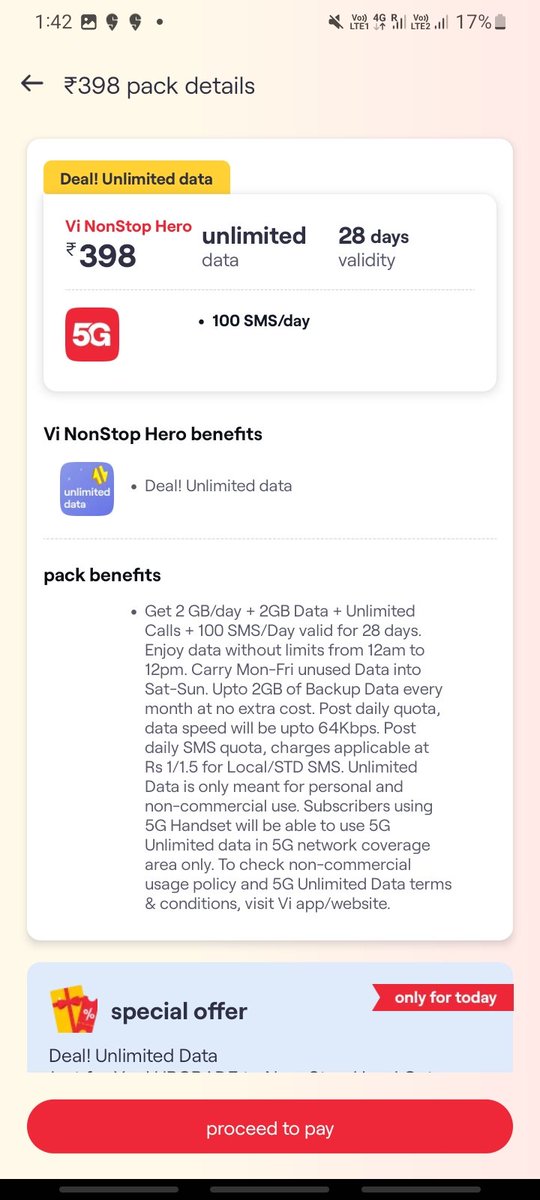 frustratedmanyu's tweet photo. Modern scammers don't call from unknown numbers. They come as a telecom company named @ViCustomerCare! 🤬
They sell ₹398 pack as 'UNLIMITED DATA', but after buying—BOOM! Fine print says 12am-12pm unlimited &amp; 2GB daily limit later. Absolute fraud &amp; misleading ! Fix this! https://t.co/R9zFbKPjZ1