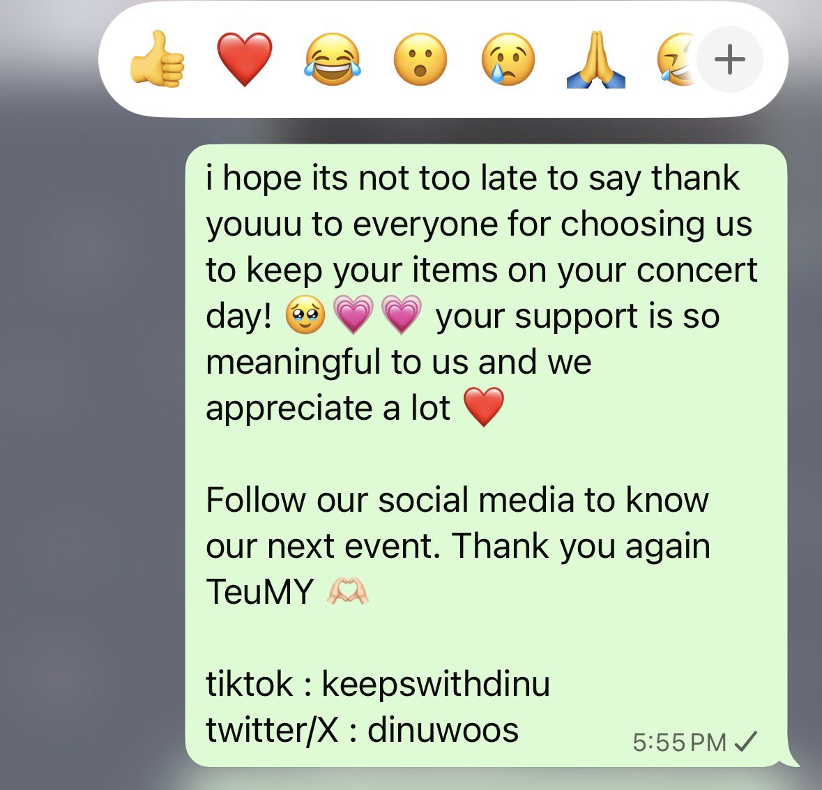dinuwoos's tweet photo. First event was success 🔥

Thank youuu sangat sangat sebab trust &amp; choose us to keep your items ❤️🥹 It meant a lot for me 💓

See you guys on next concert 💕

p/s: we already open our slot for #EXOinKL 🤭 https://t.co/a9yQ1vEoOg