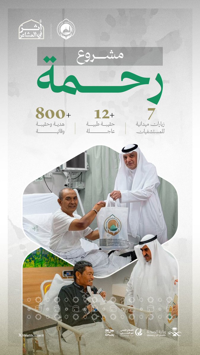 health_charit's tweet photo. تُنفذ جمعية أصدقاء المرضى بالمدينة المنورة @FRIENDS_MADINA مشروع “رحمة” لعلاج ضيوف الرحمن 🕋

عبر الزيارات الميدانية للحجاج المنومين وتقديم الهدايا والحقائب الوقائية والطبية؛ بما يسهم في دعمهم ورعايتهم خلال رحلتهم الإيمانية 🤍

#القطاع_الصحي_غير_الربحي
#أثر_في_المشاعر
#حج_بصحة https://t.co/mq9HBjl3QN