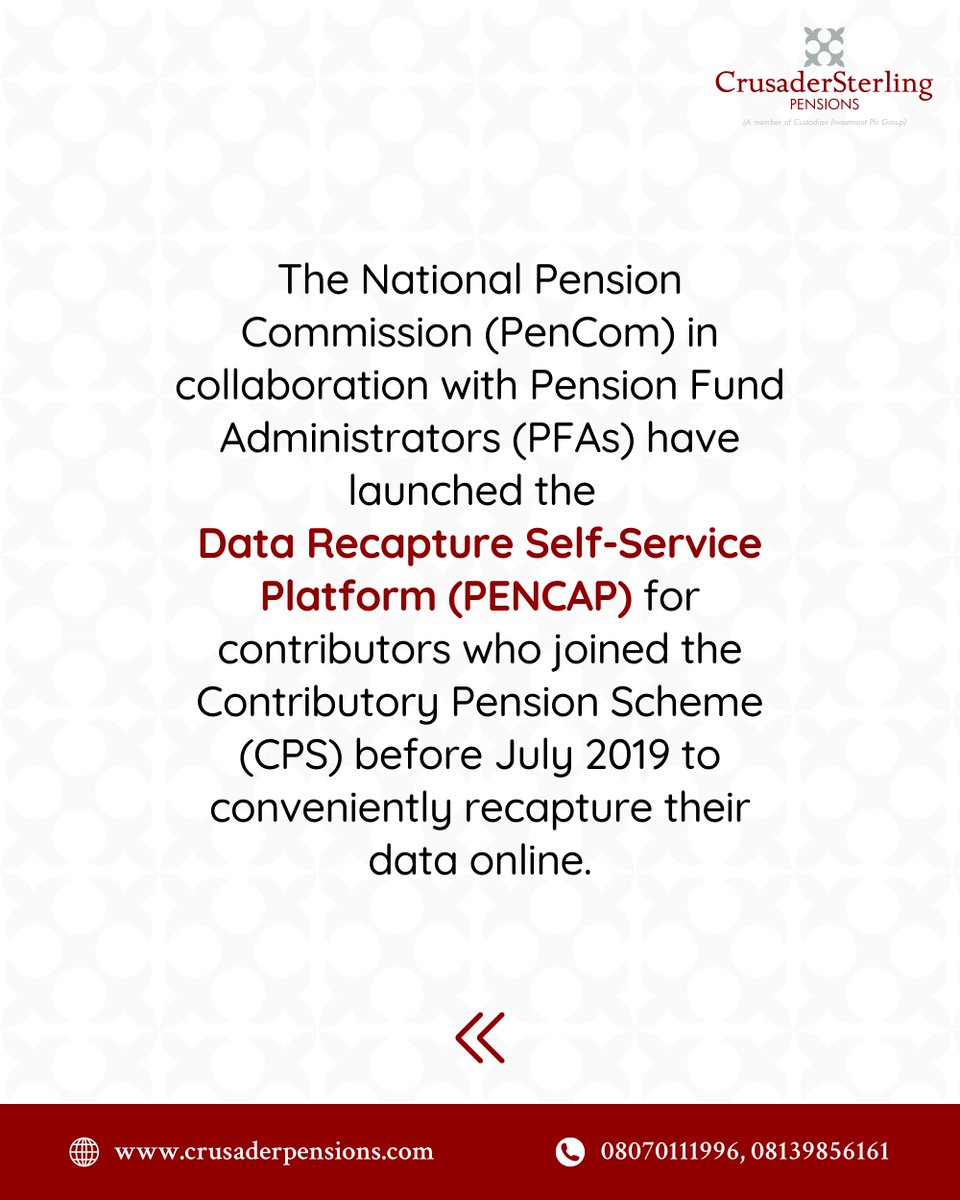 CSPensions's tweet photo. Did you open your pension account before July 2019?
Then this is important.

The Data Recapture Exercise ensures your pension records are accurate, secure, and up to date, helping you avoid delays when accessing your retirement benefits.

If you are yet to complete yours, simply visit:
https://t.co/ej83JG9KlE

Need help? Our team is available to guide you every step of the way.
📞 08070119996, 08139856160
💬 WhatsApp: 09031316029
📩 info@crusaderpensions.com

Stay informed. Stay protected. Secure your future today.

#CrusaderSterlingPensions #DataRecapture