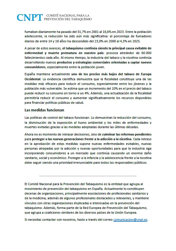 CNPT_E's tweet photo. Con motivo del #DMST,  insistimos en la urgencia de   avanzar en la protección frente al tabaquismo: empaquetado neutro, revisión de la fiscalidad del
tabaco y la nicotina, ampliación de espacios libres de humo y  regulación de nuevos productos. https://t.co/VPNsEWYPDT