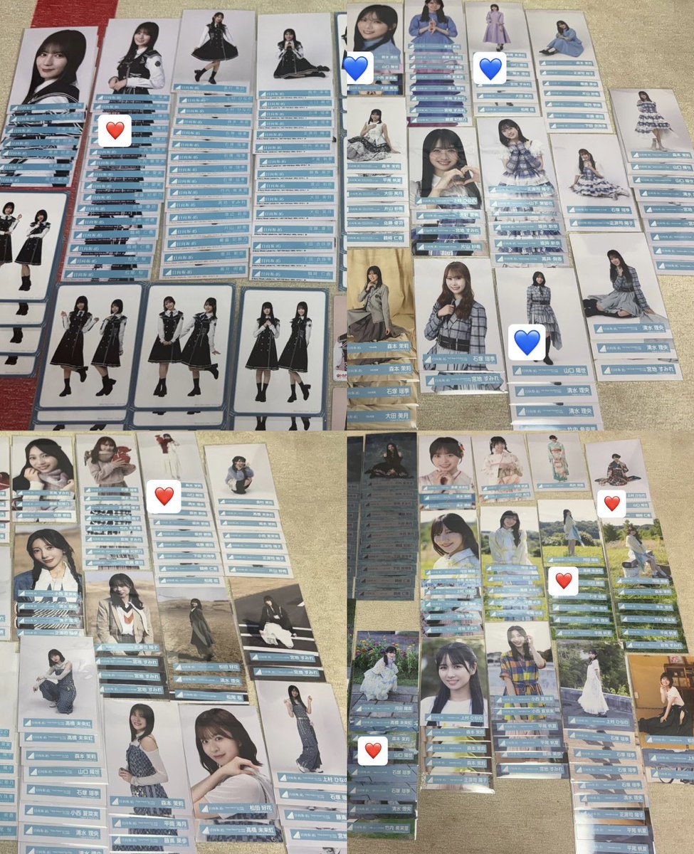 _54B2's tweet photo. @hinatahiramiku 17金村封入座りが同時に提案していた他の方にお譲りすることにいたしました🙇🏻‍♀️大変申し訳ございません。1枚目の画像のものになります。2.3枚目の画像のマークをつけたものが当方の未所持品で💙＞❤️で希望しています。どこか交換可能箇所ありますでしょうか？ https://t.co/KRe0vr1SXQ