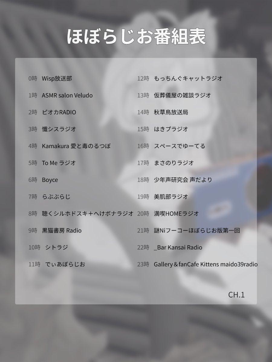 hobo_radioVRC's tweet photo. 【#ほぼらじお　番組表更新のお知らせ】

CH1,2の番組を6月放送分へ更新いたしました！

CH3につきましてはBGMチャンネルとなっております。

次月分の音源は

締切　6/25まで

となります。

29分もしくは59分のギガファイル便、DMにてお待ちしております〜！！！

今後も視聴者様にとって心地の良いものとなるよう邁進していきますため、よろしくお願いいたします！
