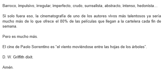 jesuscasas55's tweet photo. Ayer cumplió años uno de mis directores favoritos, Paolo Sorrentino.

Os dejo el extracto de un texto que, como todos los que escribo, no fue a ningún sitio pero que queda bien como errático regalo de cumpleaños.

Felicidades, maestro. https://t.co/Wq48IanM4Z