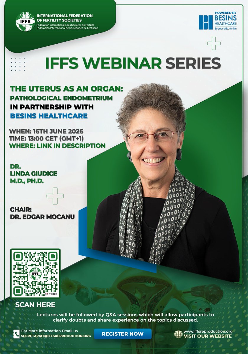 iffsfertility's tweet photo. Free Webinar!

IFFS Uterus Webinar Series: Pathological Endometrium and Fibroids - A New Global IFFS Webinar Series, in partnership with Besins Healthcare

Lead by: Prof. Dr. Linda Giudice and Prof. Vasilios Tanos

Chair: Dr. Edgar Mocanu (IFFS Immediate Past-President)

Date: 16th June 2026
Time: 13:00 CET (GMT +1)

Register: https://t.co/JDEhgIk8Yq

#freewebinar #doctors #healthcare