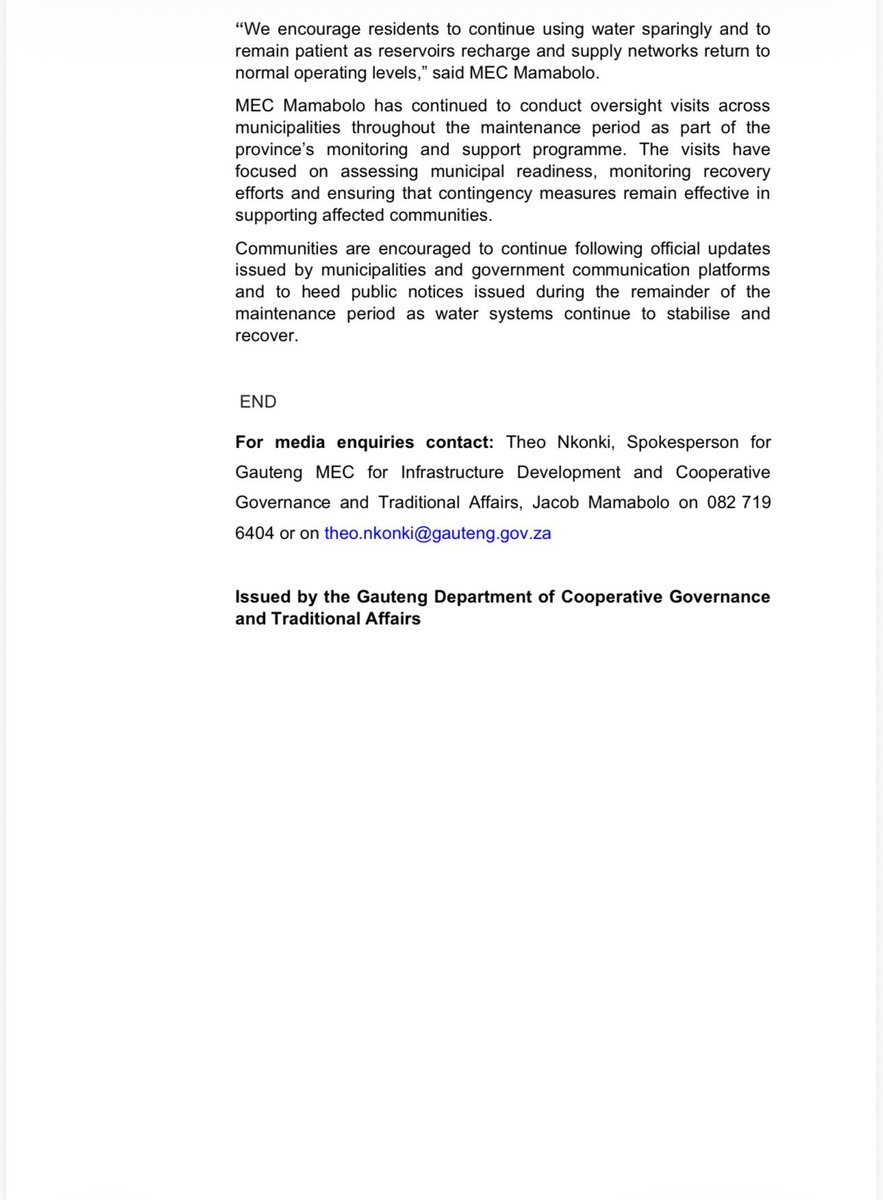 GPDID's tweet photo. PRESS STATEMENT - GAUTENG NOTES STEADY RECOVERY OF WATER SYSTEMS
DURING PLANNED BULK WATER MAINTENANCE
#SavewaterGP https://t.co/BPVYAv7OuZ