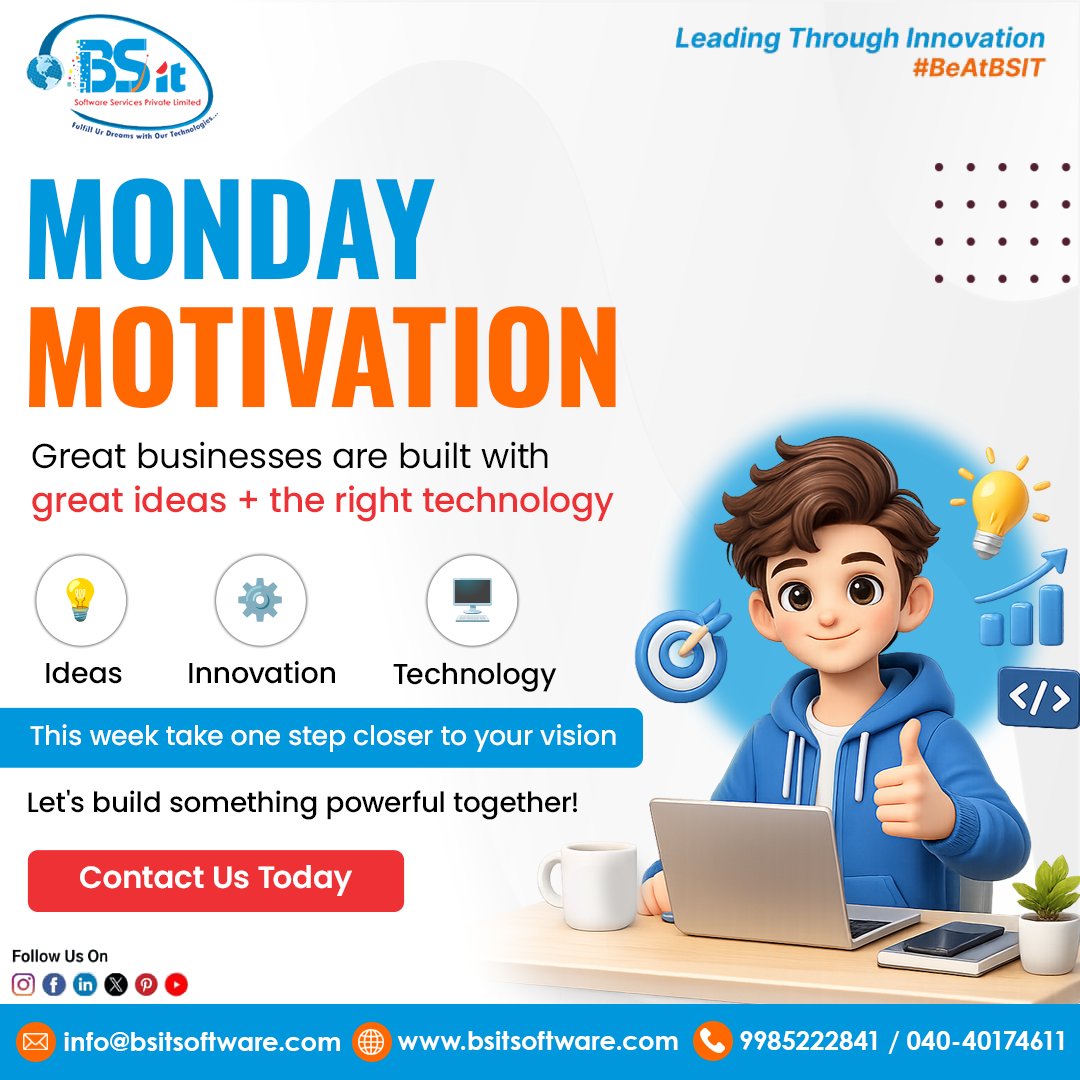 bsitsoftware's tweet photo. 🚀 Every big success starts with one bold idea.

This Monday, focus on building smarter, scaling faster, and creating future-ready growth.

BSIT Software Services helps businesses move forward through technology-driven transformation.

#BSIT #BSITSoftwareServices #MondayMotivation #Innovation
