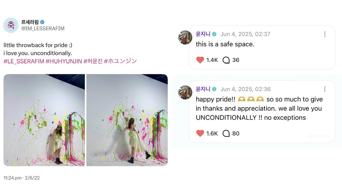 yunjinrs's tweet photo. in honor of pride month, always remember that yunjin loves every member of the LGBTQ+ community unconditionally: 

“this is a safe space. happy pride!! 🫶🏼🫶🏼🫶🏼 so so much to give in thanks and appreciation. we all love you UNCONDITIONALLY !! no exceptions” 🏳️‍🌈❤️‍🩹 https://t.co/4UCf5d0Brr